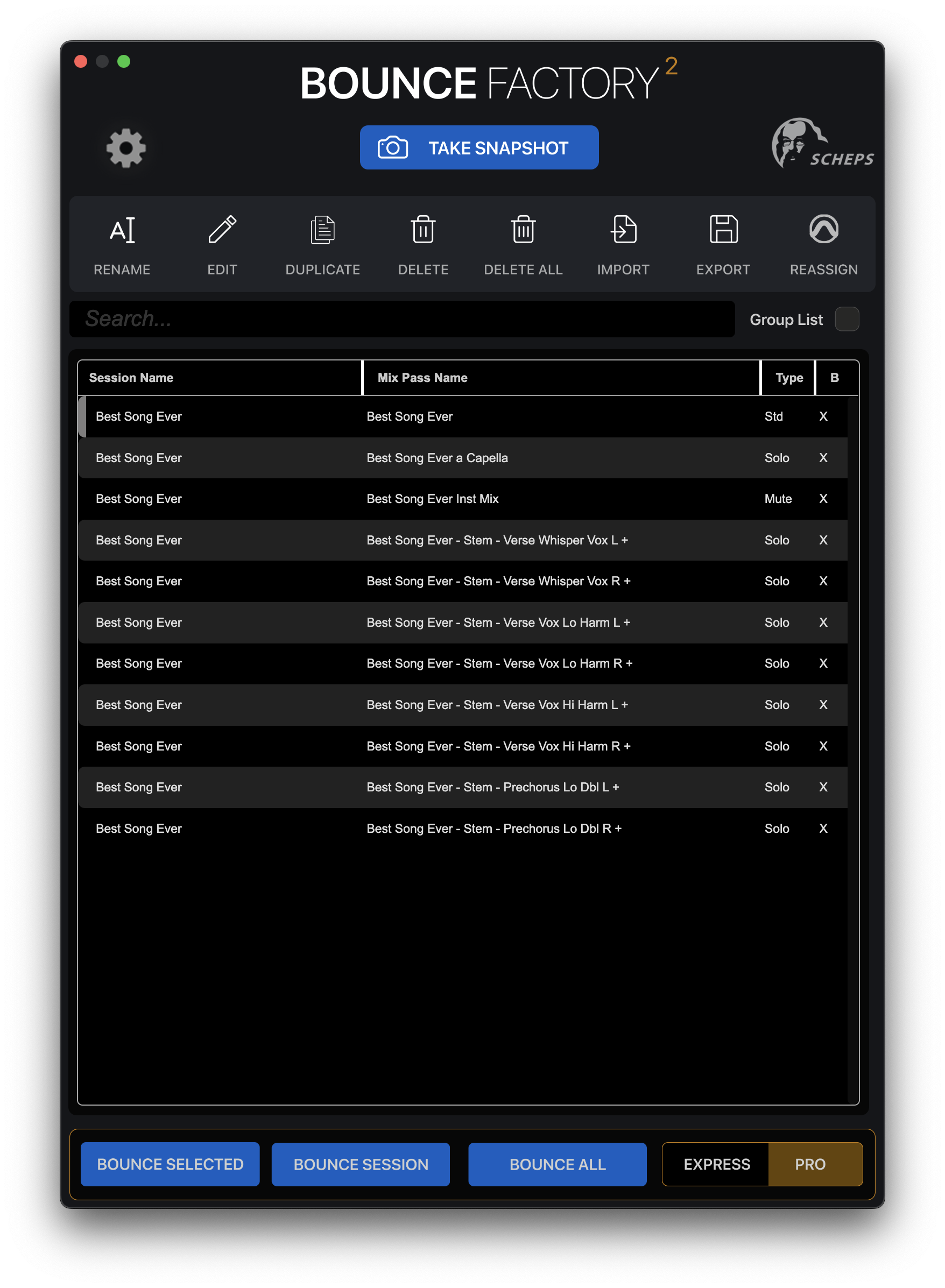 Bounce Factory Session List Interface
