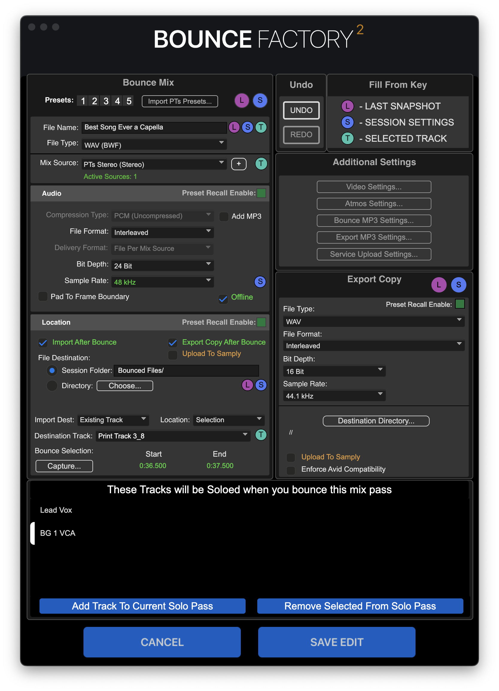 Bounce Factory Mix Settings Interface
